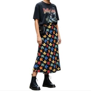 Vintage Black Bright Floral Print Maxi Skirt